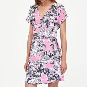 Zara Pink Tropical Print Wrap Dress, Size Large